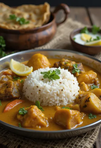 Pirinç, baharatlı sebzeler ve taze salata ile Assam usulü thali tabağı