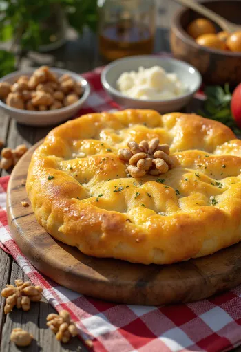 Cevizli ve beyaz peynirli Tiganopsomo, taze maydanoz ile servis edilmiş