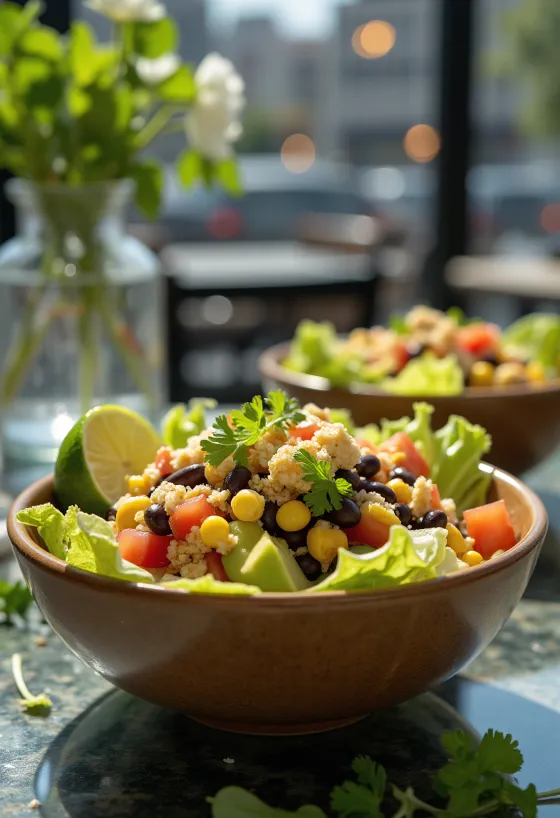 Tortilla cipsi ve sebzelerle vegan taco salatası