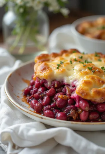 Servis edilmiş pancarlı ve fasulyeli fırın yemeği