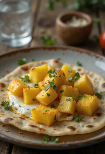 Taze pişmiş, servis edilmiş kızarmış patlıcanlı chapati