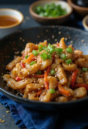 Pirinç ve sebzelerle servis edilen Timsah stir-fry.