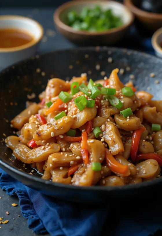 Pirinç ve sebzelerle servis edilen Timsah stir-fry.