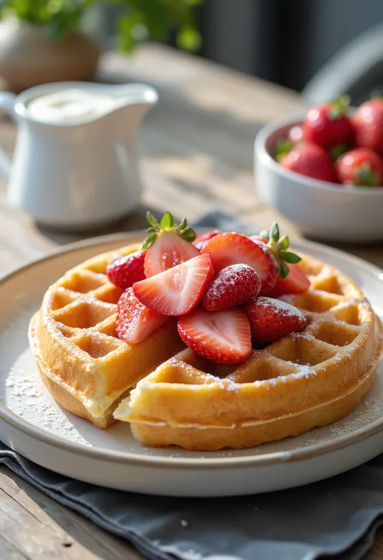 Taze çilek ile servis edilmiş çilekli waffle
