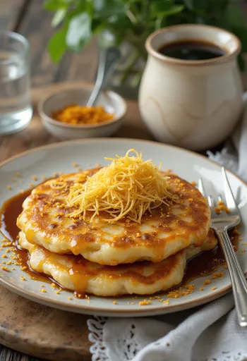 Okonomiyaki sosu ve bonito pulları ile servis edilen, zencefille yapılmış okonomiyaki