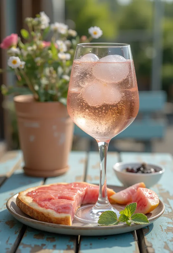 Limon dilimi ve buzla servis edilen Roze Spritzer