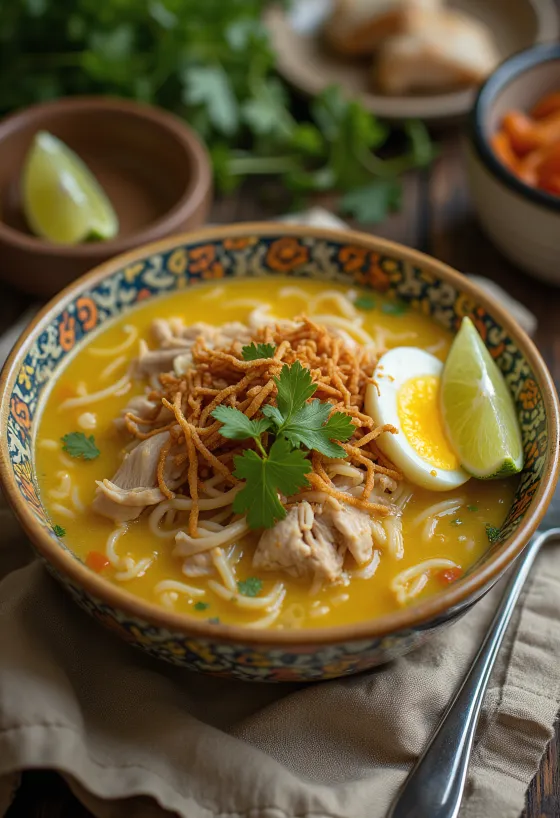 Kızarmış soğanlı Soto Lamongan tavuk çorbası, taze kişnişle servis edilmiş