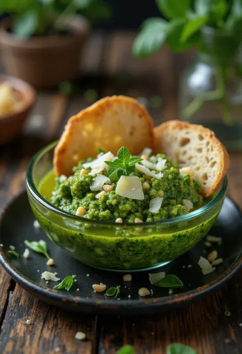 Taze fesleğen ve çam fıstığı ile kremsi ıspanaklı pesto sos