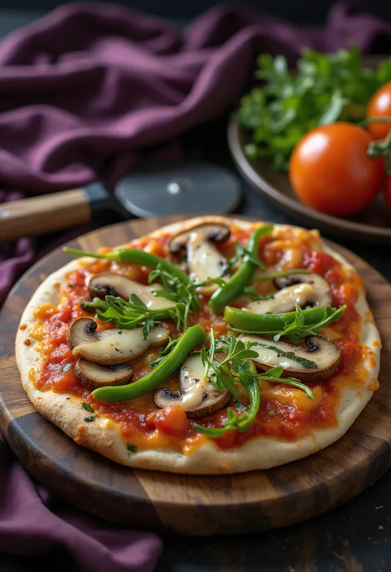 Taze sebzeler ve roka ile vegan tortilla pizza