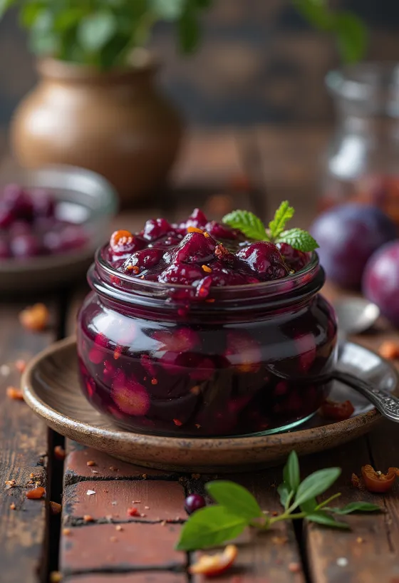 Kavanozda ve serviste acılı erik chutney