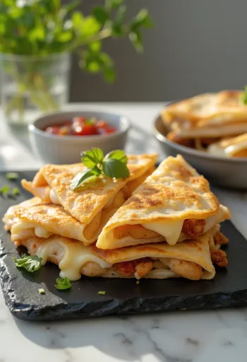 Altın sarısı kızarmış, erimiş peynirli ve taze baharatlı tavuklu quesadilla