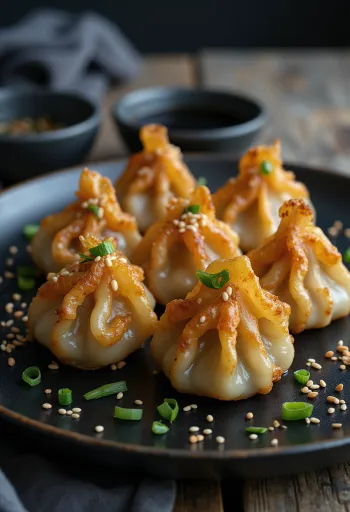 Susam ve kişniş ile taze servis edilen Kimchi mandu