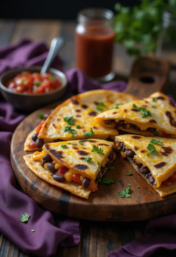 Peynir ve sebzelerle servis edilmiş Fasulyeli Quesadilla