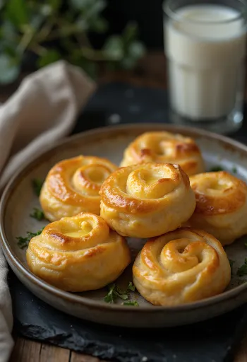 Tepside servis edilen, çıtır hamurlu ve erimiş peynirli altın renginde pişmiş peynirli çörek.