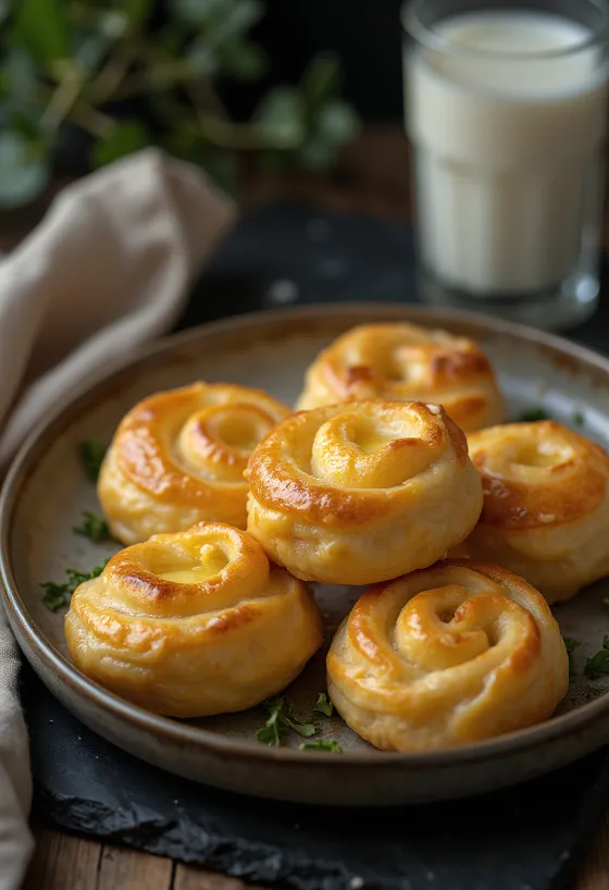 Tepside servis edilen, çıtır hamurlu ve erimiş peynirli altın renginde pişmiş peynirli çörek.