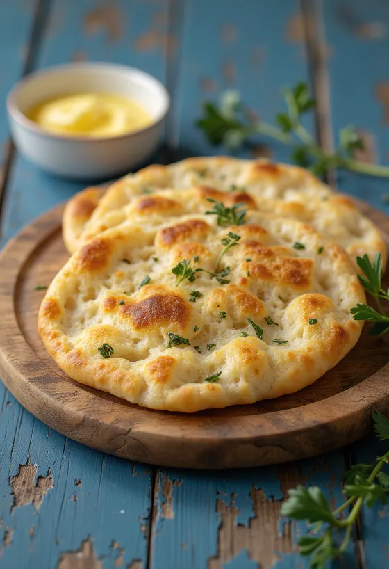 Özenle servis edilmiş glutensiz tunnbröd, yumuşak ve altın sarısı pideler.