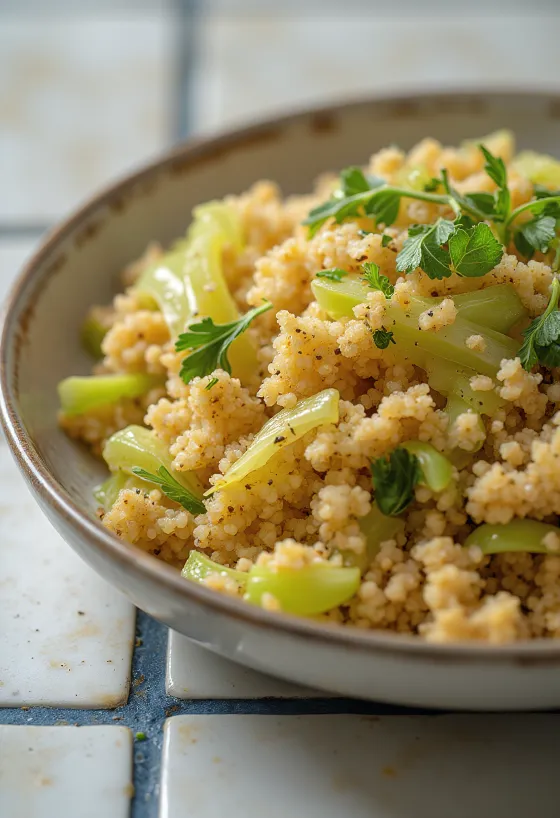 Servis edilmiş kıvırcık lahanalı baharatlı bulgur