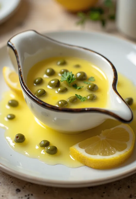 Servis edilmiş limonlu ve kaparili tereyağı sosu