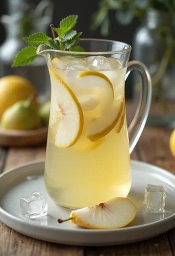 Bardakta taze nane yaprağı ve armut dilimiyle süslenmiş armutlu ve limonlu limonata
