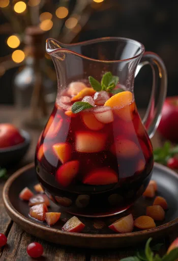 Taze meyveler ve buz küpüyle servis edilen Sangria