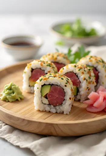 Taze sebzeler ve soya sosu ile servis edilen ton balıklı suşi