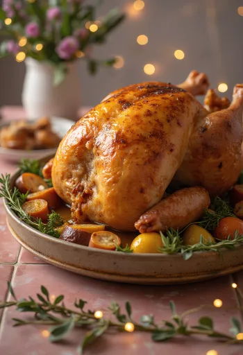 Fırında pişmiş, çıtır derili ve zengin iç harçlı doldurulmuş hindi.