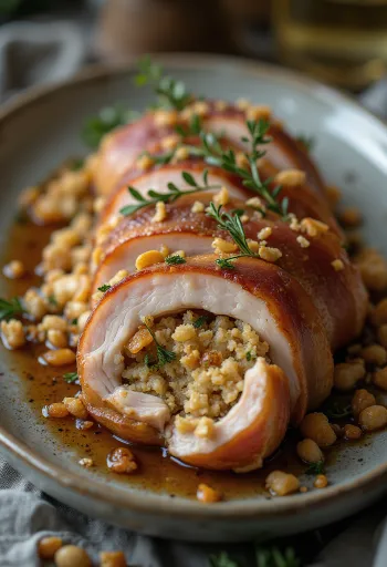 Taze baharatlar ve eriyen peynirle doldurulmuş, fırında pişmiş sulu dolgulu domuz pirzola.