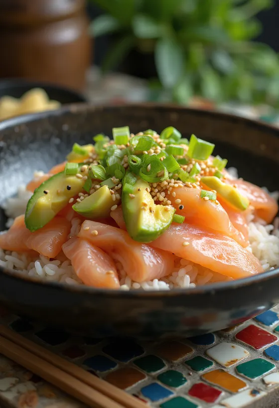 Avokado, somon ve taze sebzelerle servis edilen Chirashi kasesi