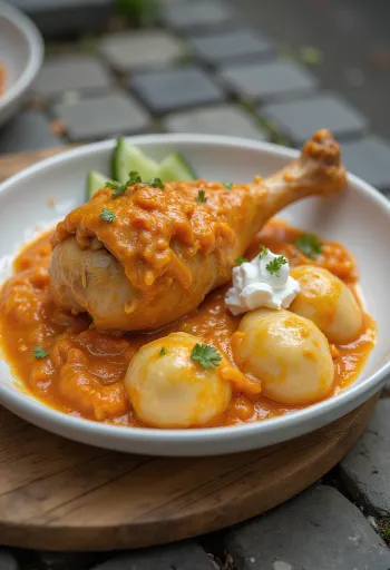 Biberli-ekşi kremalı sos içinde servis edilen sulu tavuk eti parçalı Tavuk Paprika.