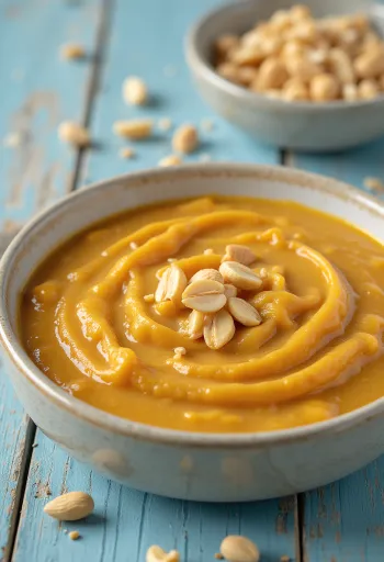 Bir kasede taze kişniş ile servis edilen Körili yer fıstığı sosu.