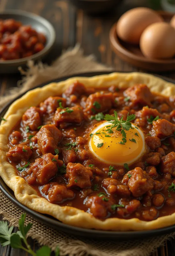 Haşlanmış yumurta ve injera ekmeği ile servis edilen Doro Wat