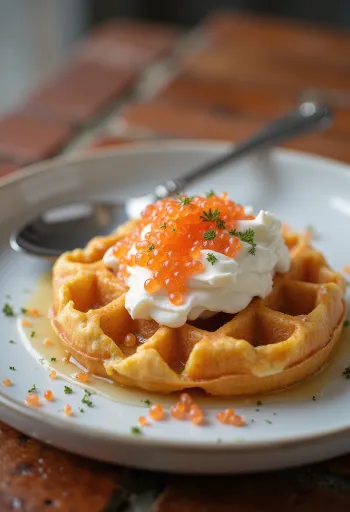 Dereotlu ekşi krema ile servis edilen havyarlı waffle