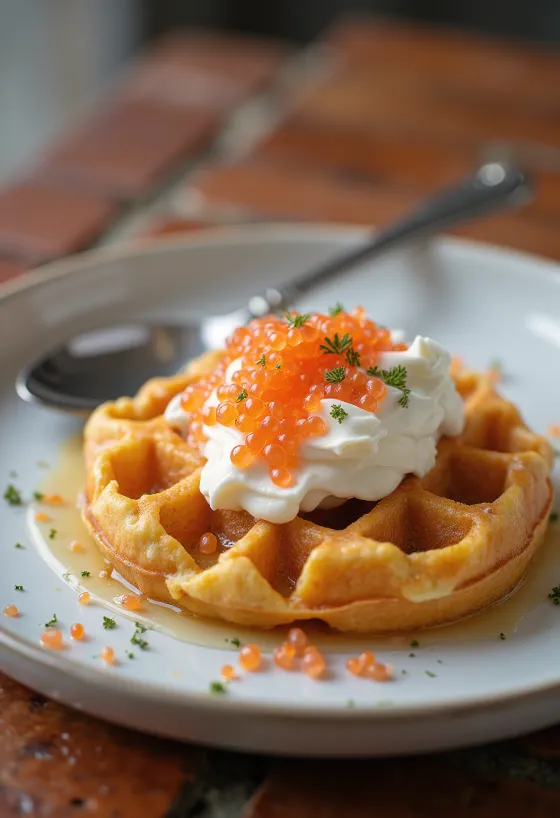 Dereotlu ekşi krema ile servis edilen havyarlı waffle