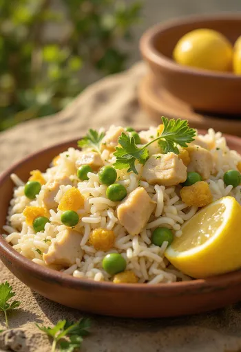 Kişnişle servis edilen tavuklu ve kuru meyveli Mote Pillo