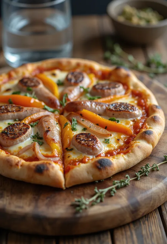Avusturya sosisi, biber ve mozzarella ile Pizza Viennese