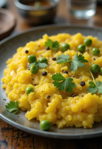 Taze kişniş ve rendelenmiş hindistan cevizi ile süslenmiş Rava Pongal