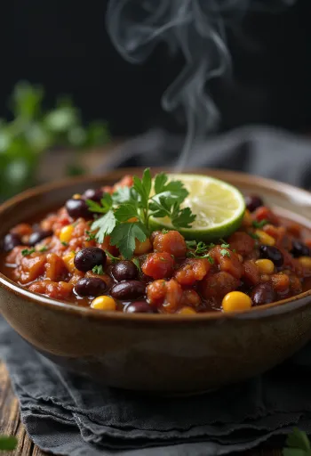 Zengin baharatlı soslu, taze kişnişle süslenmiş vegan chili fasulye.