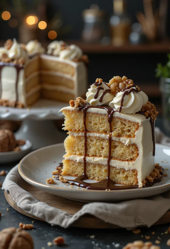 Ceviz kremalı kestaneli pasta servis edilmiş