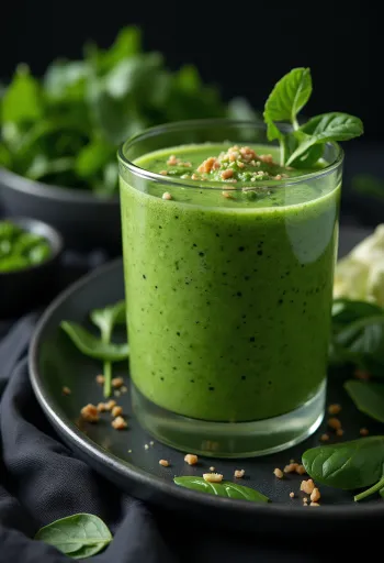 Uzun bardakta, sebze ve meyvelerle süslenmiş ıspanaklı smoothie