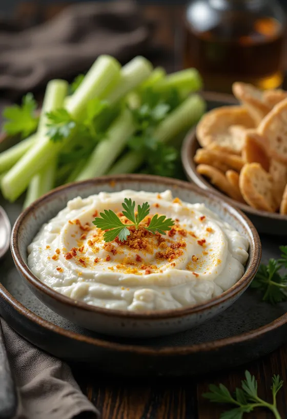 Krem peynirli Tirokafteri, pide ekmeği ve sebzelerle servis edilen zengin feta peyniri ezmesi