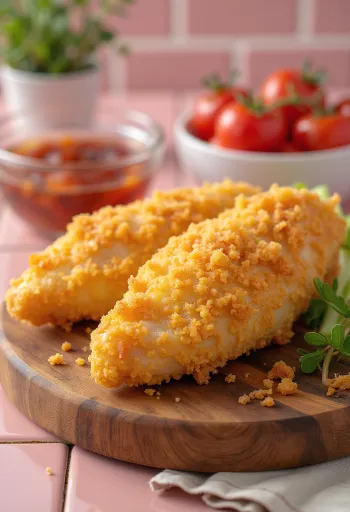 Altın renginde kızarmış tavuk şnitzel, taze salata ile servis edilmiş.