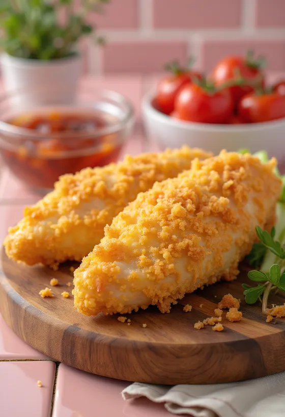 Altın renginde kızarmış tavuk şnitzel, taze salata ile servis edilmiş.