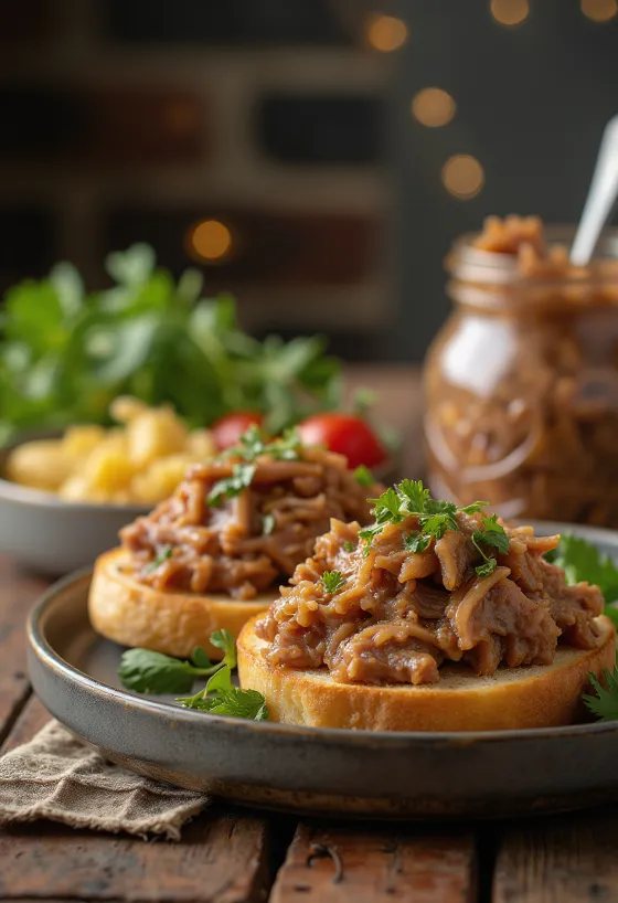 Rustik kavanozda ekmek ve turşuyla servis edilen Ördek Rillette