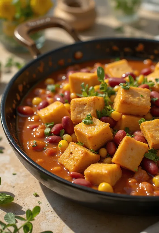 Servis edilmiş fasulyeli baharatlı tofu