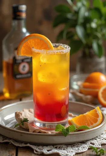 Portakal dilimi ve kirazla süslenmiş Tequila Sunrise kokteyli