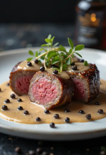 Sebzelerle servis edilen biber soslu Emu fileto.