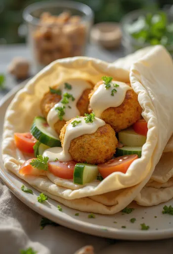 Taze sebzeler ve tahin sosuyla pide ekmeğinde falafel