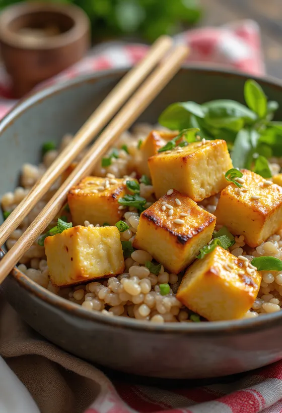 Susam serpilmiş fırınlanmış tofu küpleri ve sebzelerle farro kasesi