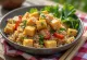 Susam serpilmiş fırınlanmış tofu küpleri ve sebzelerle farro kasesi