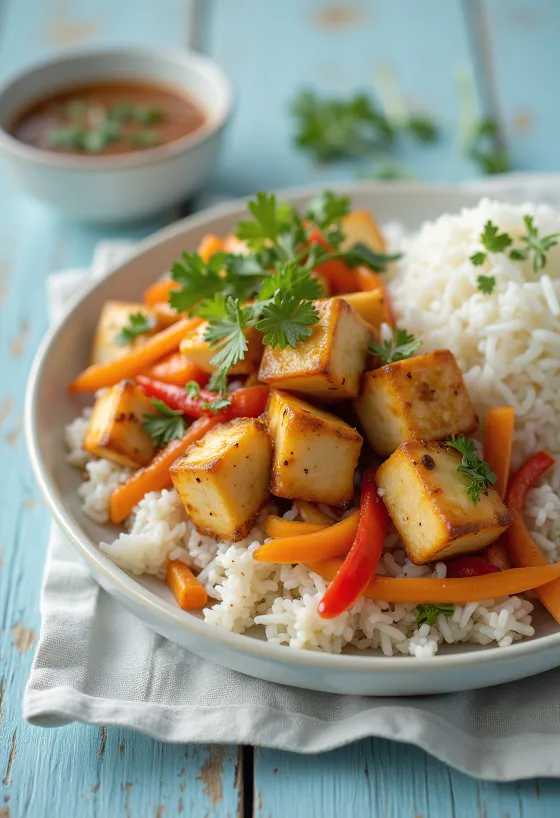 Servis edilmiş sebzeli pilavlı baharatlı tofu
